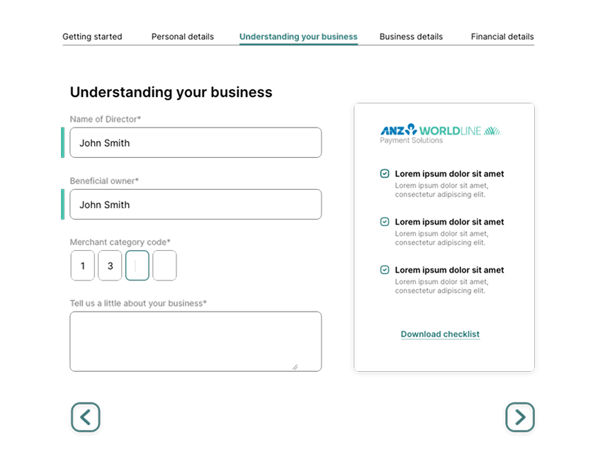 Low fidelity multi-step form — business details screen